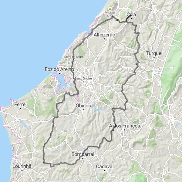 Miniatura do mapa de inspiração para ciclismo "Aventura Épica de Cela a São Martinho do Porto" em Centro (PT), Portugal. Gerado pelo planejador de rotas de ciclismo Tarmacs.app