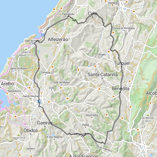 Miniatura do mapa de inspiração para ciclismo "Exploração Cênica de Turquel a Cela" em Centro (PT), Portugal. Gerado pelo planejador de rotas de ciclismo Tarmacs.app