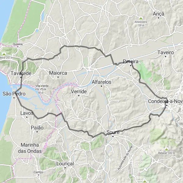 Miniatura do mapa de inspiração para ciclismo "Exploração Rural por Lavos e Tavarede" em Centro (PT), Portugal. Gerado pelo planejador de rotas de ciclismo Tarmacs.app
