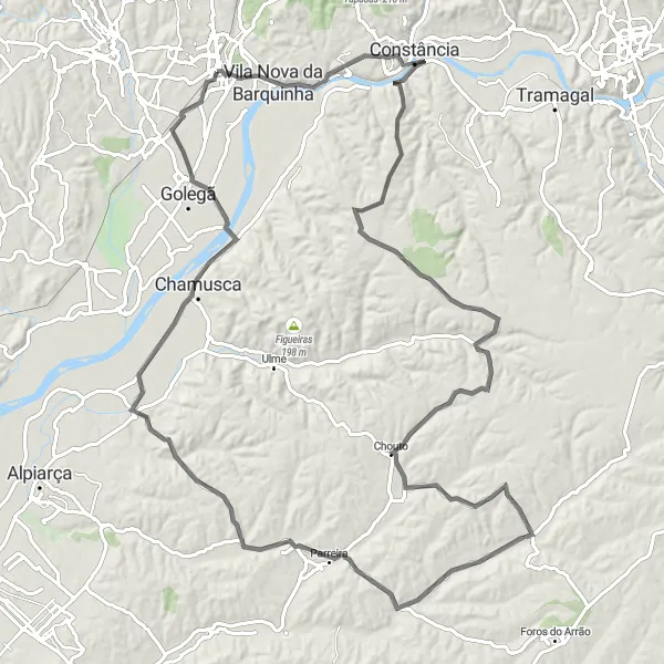 Miniatura do mapa de inspiração para ciclismo "Volta de Ciclismo de Estrada de Entroncamento a Golegã" em Centro (PT), Portugal. Gerado pelo planejador de rotas de ciclismo Tarmacs.app