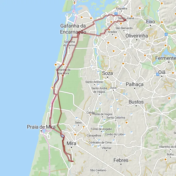 Miniatura do mapa de inspiração para ciclismo "Rota da Lagoa de Mira" em Centro (PT), Portugal. Gerado pelo planejador de rotas de ciclismo Tarmacs.app