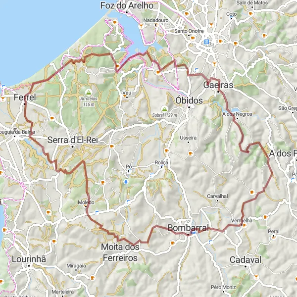 Miniatura do mapa de inspiração para ciclismo "Exploração Gravilha de Gaeiras" em Centro (PT), Portugal. Gerado pelo planejador de rotas de ciclismo Tarmacs.app