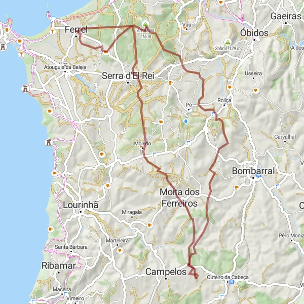 Miniatura do mapa de inspiração para ciclismo "Aventura Gravilha até Arroteias" em Centro (PT), Portugal. Gerado pelo planejador de rotas de ciclismo Tarmacs.app