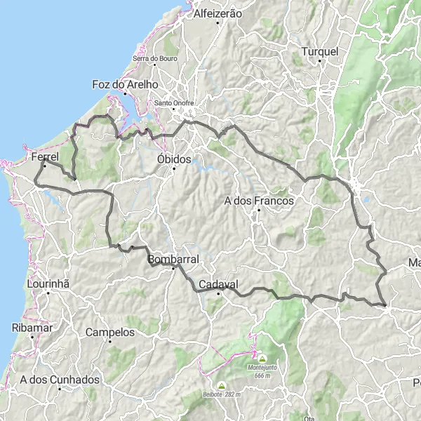 Miniatura do mapa de inspiração para ciclismo "Desafio Estrada até Ferrel" em Centro (PT), Portugal. Gerado pelo planejador de rotas de ciclismo Tarmacs.app