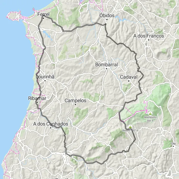 Miniatura do mapa de inspiração para ciclismo "Rota Desafiante nas Colinas" em Centro (PT), Portugal. Gerado pelo planejador de rotas de ciclismo Tarmacs.app