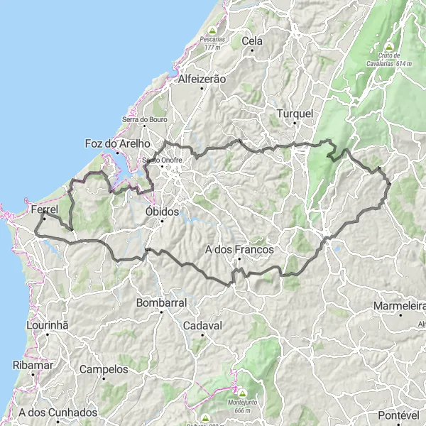 Miniatura do mapa de inspiração para ciclismo "Rota dos Candeeiros e Alcobertas" em Centro (PT), Portugal. Gerado pelo planejador de rotas de ciclismo Tarmacs.app