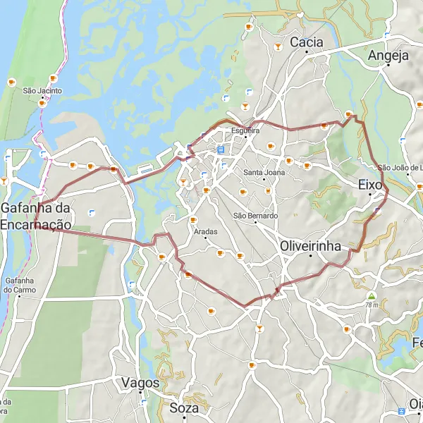Miniatura do mapa de inspiração para ciclismo "Rota Costeira de Aveiro a Gafanha da Encarnação" em Centro (PT), Portugal. Gerado pelo planejador de rotas de ciclismo Tarmacs.app