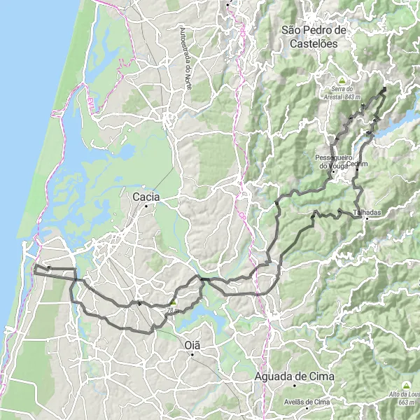 Miniatura do mapa de inspiração para ciclismo "Desafio nas Montanhas de Sever do Vouga" em Centro (PT), Portugal. Gerado pelo planejador de rotas de ciclismo Tarmacs.app