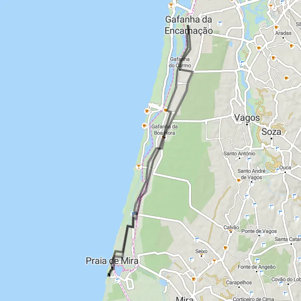 Miniatura do mapa de inspiração para ciclismo "Rota dos Faróis" em Centro (PT), Portugal. Gerado pelo planejador de rotas de ciclismo Tarmacs.app