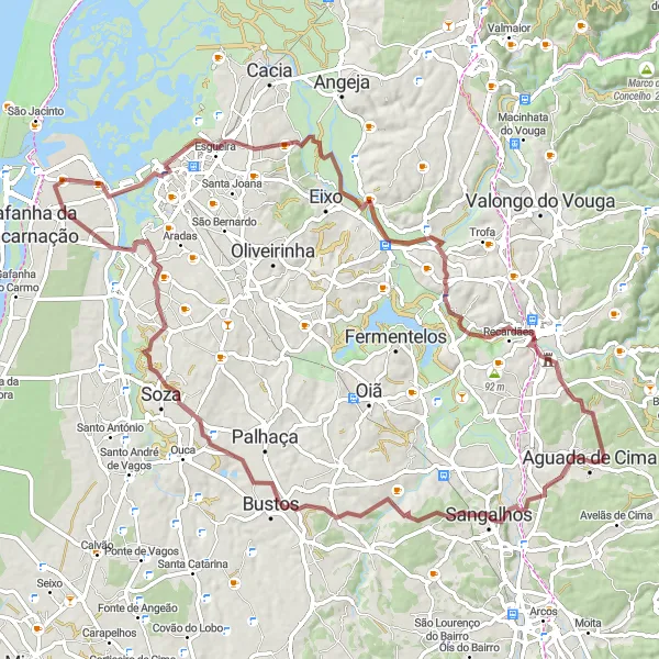 Miniatura do mapa de inspiração para ciclismo "Desafio de 88 km de Gravel em Aveiro" em Centro (PT), Portugal. Gerado pelo planejador de rotas de ciclismo Tarmacs.app