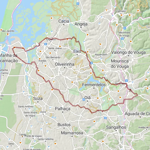 Miniatura do mapa de inspiração para ciclismo "Rota Épica de Gravel pela Natureza de Aveiro" em Centro (PT), Portugal. Gerado pelo planejador de rotas de ciclismo Tarmacs.app