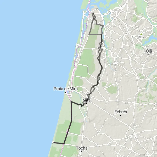 Miniatura do mapa de inspiração para ciclismo "Rota dos Miradouros de Vagos" em Centro (PT), Portugal. Gerado pelo planejador de rotas de ciclismo Tarmacs.app