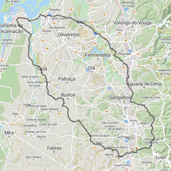 Miniatura do mapa de inspiração para ciclismo "Aventura de 106 km em Estradas de Aveiro" em Centro (PT), Portugal. Gerado pelo planejador de rotas de ciclismo Tarmacs.app