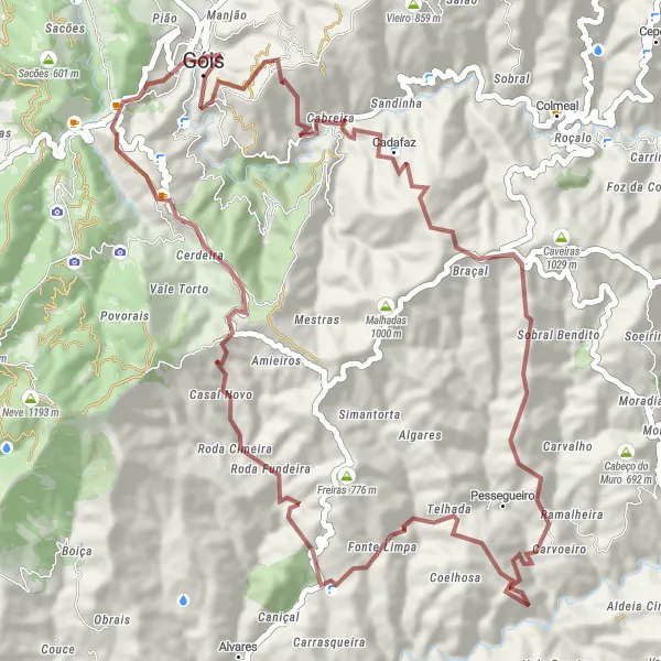 Miniatura do mapa de inspiração para ciclismo "Aventura de Gravel a partir de Góis" em Centro (PT), Portugal. Gerado pelo planejador de rotas de ciclismo Tarmacs.app