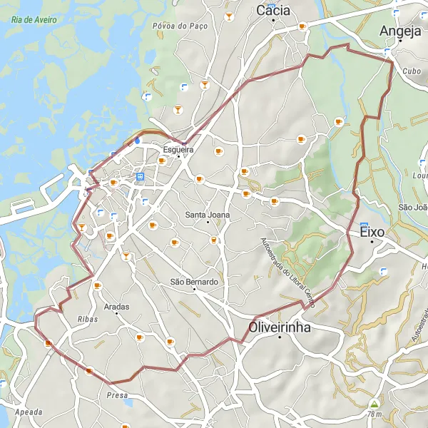 Miniatura do mapa de inspiração para ciclismo "Exploração por Ílhavo, Aveiro e Eixo" em Centro (PT), Portugal. Gerado pelo planejador de rotas de ciclismo Tarmacs.app