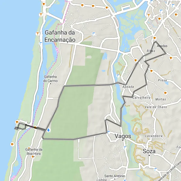 Miniatura do mapa de inspiração para ciclismo "Caminho entre Ílhavo e Miradouro" em Centro (PT), Portugal. Gerado pelo planejador de rotas de ciclismo Tarmacs.app