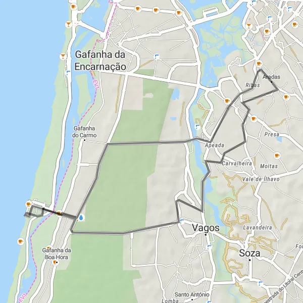 Map miniature of "Ílhavo to Praia da Vagueira Loop" cycling inspiration in Centro (PT), Portugal. Generated by Tarmacs.app cycling route planner