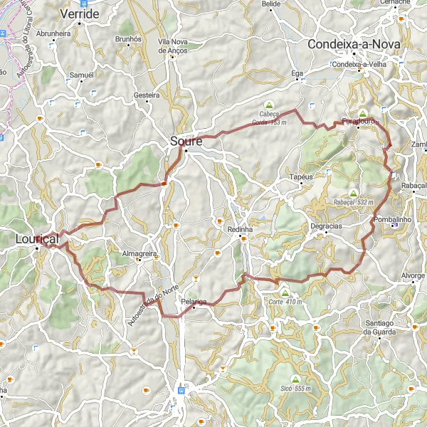 Map miniature of "Louriçal Gravel Route" cycling inspiration in Centro (PT), Portugal. Generated by Tarmacs.app cycling route planner