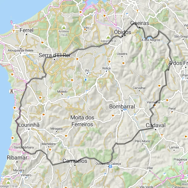 Miniatura do mapa de inspiração para ciclismo "Desafio das Colinas da RegiĂŁo Oeste" em Centro (PT), Portugal. Gerado pelo planejador de rotas de ciclismo Tarmacs.app