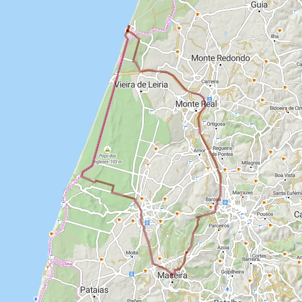 Miniatura do mapa de inspiração para ciclismo "Trilho pelas Tercenas e Monte Real" em Centro (PT), Portugal. Gerado pelo planejador de rotas de ciclismo Tarmacs.app