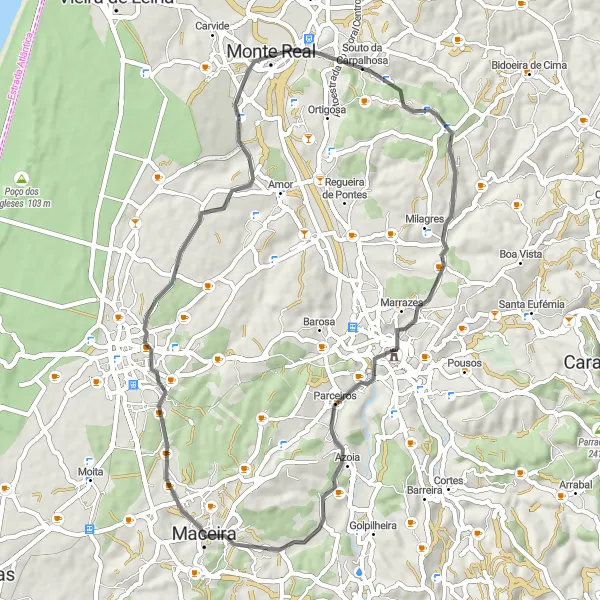 Miniatura do mapa de inspiração para ciclismo "Circuito pela Marinha Grande" em Centro (PT), Portugal. Gerado pelo planejador de rotas de ciclismo Tarmacs.app