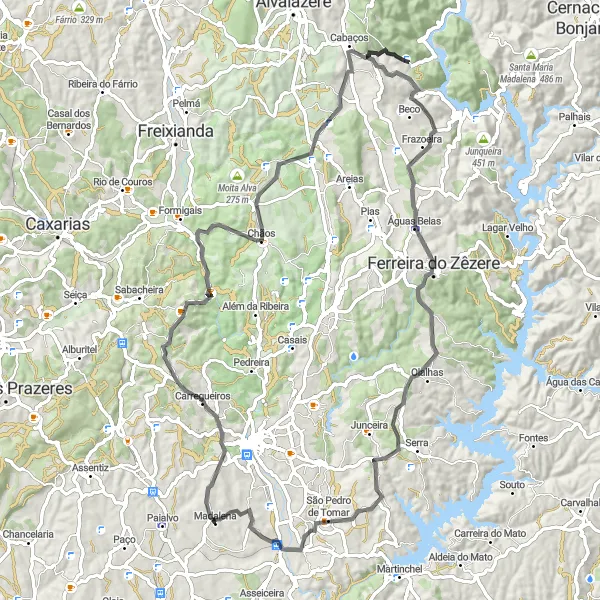 Miniatura do mapa de inspiração para ciclismo "Jornada de 91 km para ciclistas apaixonados por estradas" em Centro (PT), Portugal. Gerado pelo planejador de rotas de ciclismo Tarmacs.app