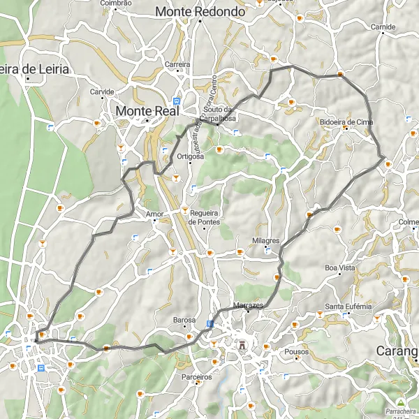 Miniatura do mapa de inspiração para ciclismo "Vila Marinha Grande ao redor" em Centro (PT), Portugal. Gerado pelo planejador de rotas de ciclismo Tarmacs.app