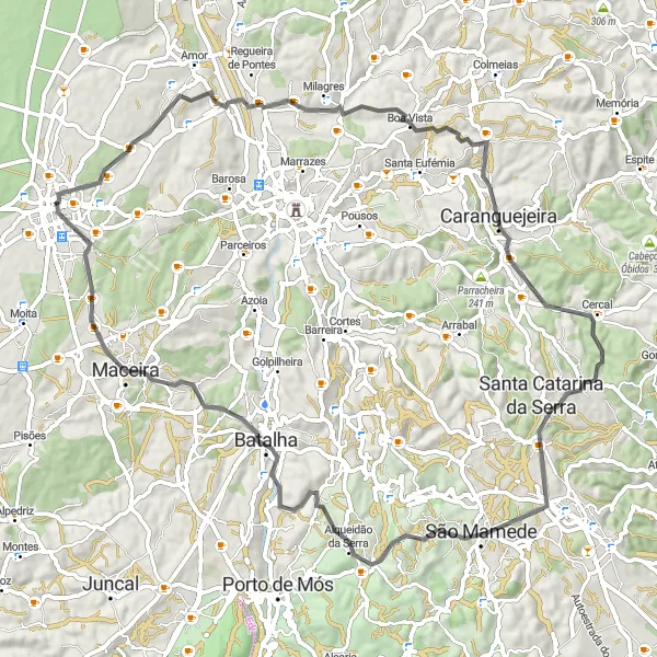 Miniatura do mapa de inspiração para ciclismo "Desafios em Marinha Grande" em Centro (PT), Portugal. Gerado pelo planejador de rotas de ciclismo Tarmacs.app