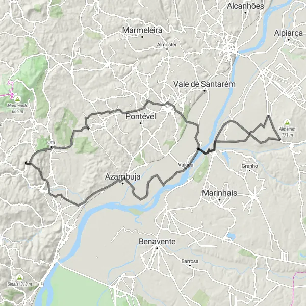 Miniatura do mapa de inspiração para ciclismo "Travessia de Muge" em Centro (PT), Portugal. Gerado pelo planejador de rotas de ciclismo Tarmacs.app