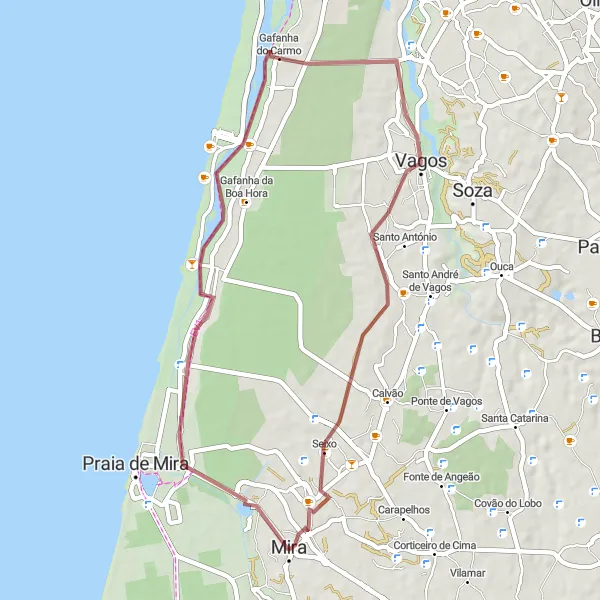 Miniatura do mapa de inspiração para ciclismo "Rota de Gravel pelo Canal de Mira" em Centro (PT), Portugal. Gerado pelo planejador de rotas de ciclismo Tarmacs.app