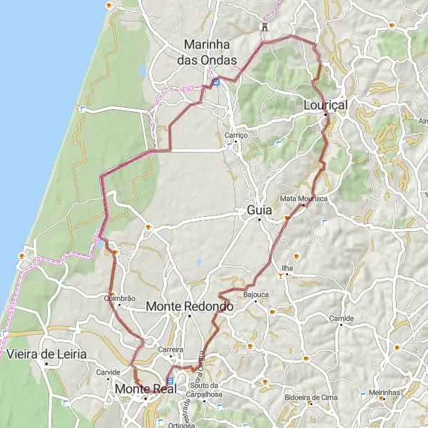 Map miniature of "Gravel Path through Monte Real" cycling inspiration in Centro (PT), Portugal. Generated by Tarmacs.app cycling route planner