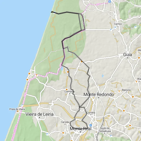 Miniatura do mapa de inspiração para ciclismo "Rota Cénica de Monte Real" em Centro (PT), Portugal. Gerado pelo planejador de rotas de ciclismo Tarmacs.app