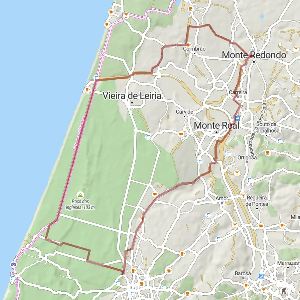 Miniatura do mapa de inspiração para ciclismo "Rota de Gravel Pelourinho de Monte Real" em Centro (PT), Portugal. Gerado pelo planejador de rotas de ciclismo Tarmacs.app
