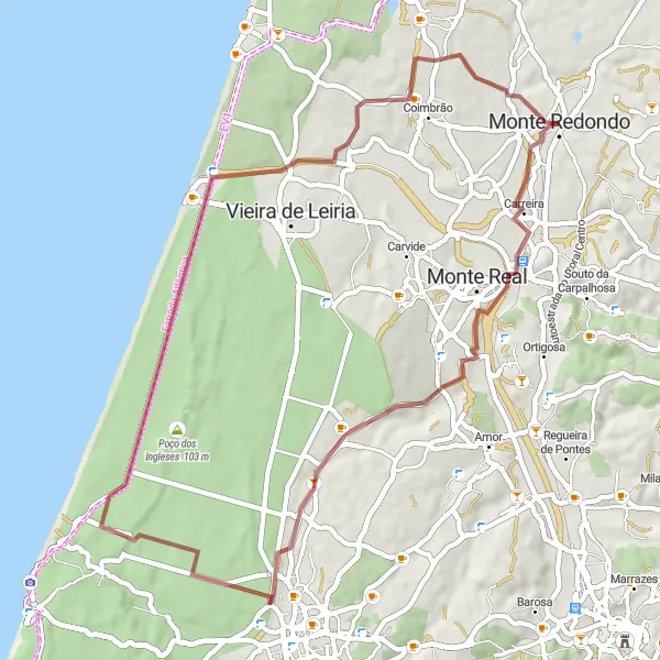 Map miniature of "Monte Real and Tercenas Gravel Route" cycling inspiration in Centro (PT), Portugal. Generated by Tarmacs.app cycling route planner