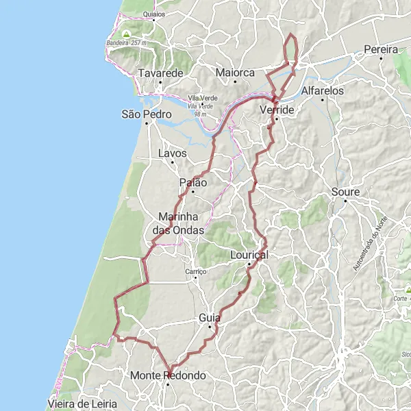 Map miniature of "A Gravel Journey to Montemor-o-Velho Castle" cycling inspiration in Centro (PT), Portugal. Generated by Tarmacs.app cycling route planner