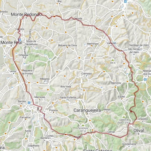 Miniatura do mapa de inspiração para ciclismo "Desafio da Serra em Monte Redondo" em Centro (PT), Portugal. Gerado pelo planejador de rotas de ciclismo Tarmacs.app