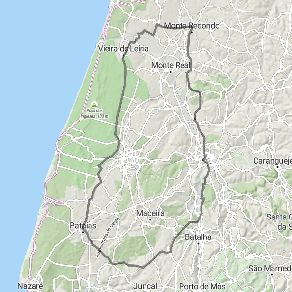 Miniatura do mapa de inspiração para ciclismo "Rota das Praias de Monte Redondo" em Centro (PT), Portugal. Gerado pelo planejador de rotas de ciclismo Tarmacs.app