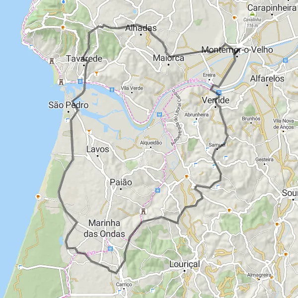 Miniatura do mapa de inspiração para ciclismo "Rota da Costa de Prata" em Centro (PT), Portugal. Gerado pelo planejador de rotas de ciclismo Tarmacs.app