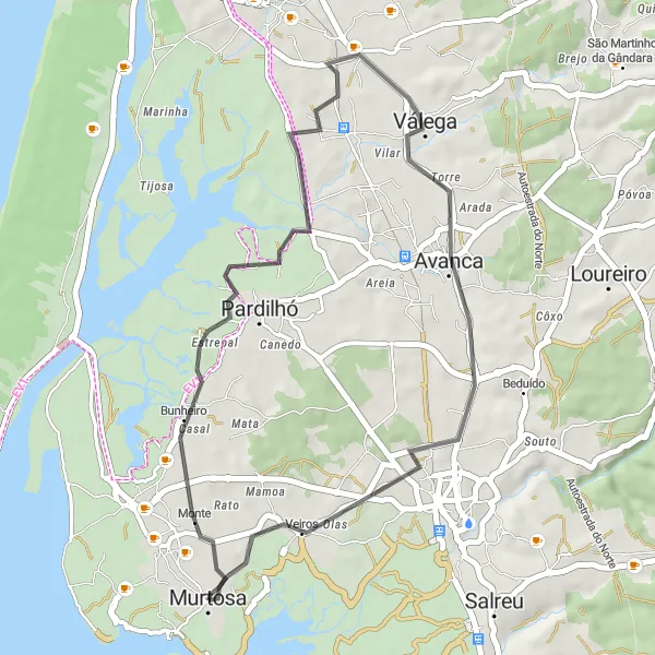 Miniatura do mapa de inspiração para ciclismo "Exploração Costeira de Bunheiro a Avanca" em Centro (PT), Portugal. Gerado pelo planejador de rotas de ciclismo Tarmacs.app