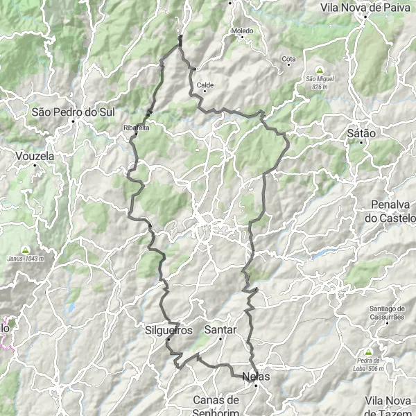 Miniatura do mapa de inspiração para ciclismo "Desafio de ciclismo de estrada pela região de Nelas" em Centro (PT), Portugal. Gerado pelo planejador de rotas de ciclismo Tarmacs.app