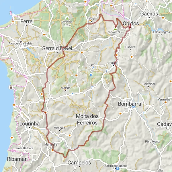 Map miniature of "Gravel Adventure near Óbidos" cycling inspiration in Centro (PT), Portugal. Generated by Tarmacs.app cycling route planner