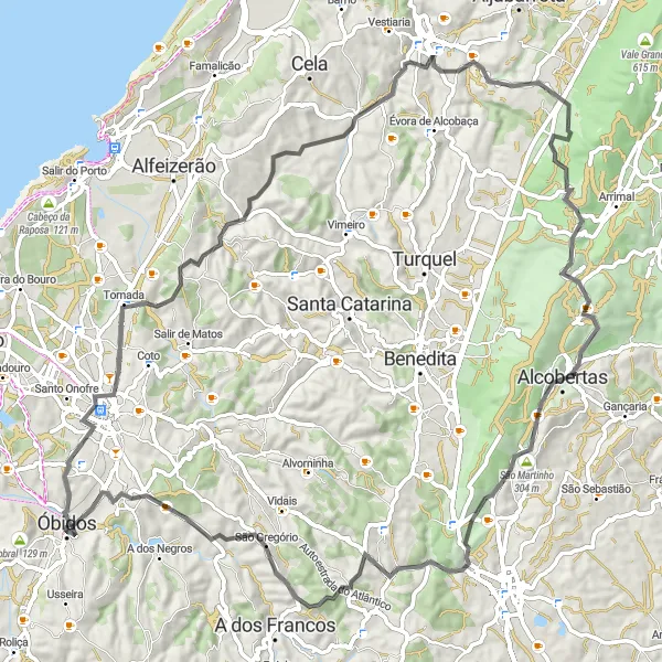 Miniatura do mapa de inspiração para ciclismo "Rota de Bike pela Costa Oeste" em Centro (PT), Portugal. Gerado pelo planejador de rotas de ciclismo Tarmacs.app