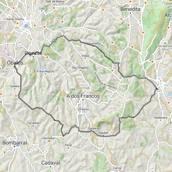 Miniatura do mapa de inspiração para ciclismo "Rota de Estrada de Óbidos" em Centro (PT), Portugal. Gerado pelo planejador de rotas de ciclismo Tarmacs.app