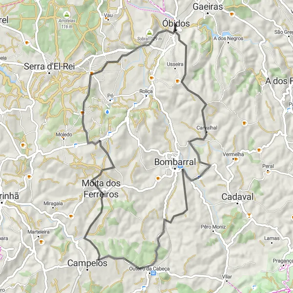 Map miniature of "Sights of Óbidos" cycling inspiration in Centro (PT), Portugal. Generated by Tarmacs.app cycling route planner