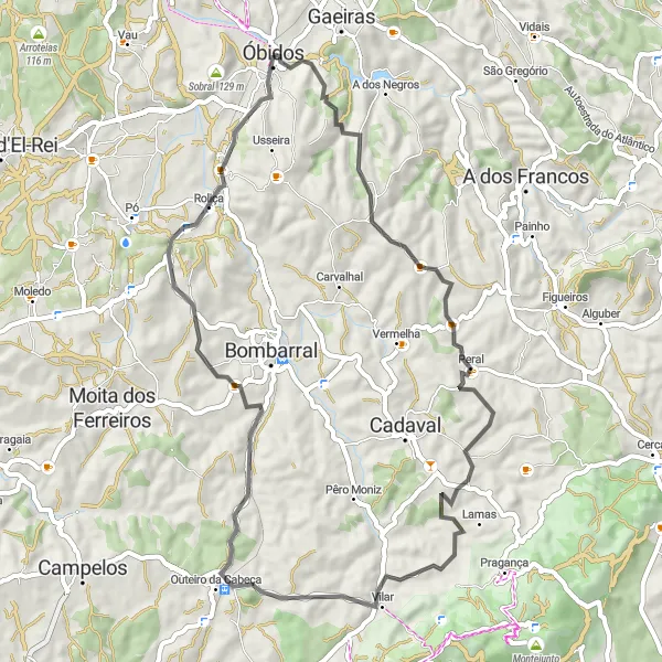 Map miniature of "Óbidos to Peral Road Route" cycling inspiration in Centro (PT), Portugal. Generated by Tarmacs.app cycling route planner