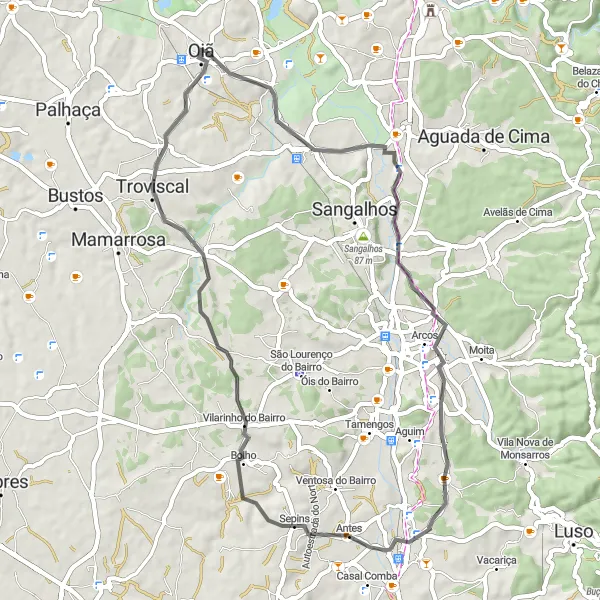 Map miniature of "Oliveira do Bairro Loop" cycling inspiration in Centro (PT), Portugal. Generated by Tarmacs.app cycling route planner