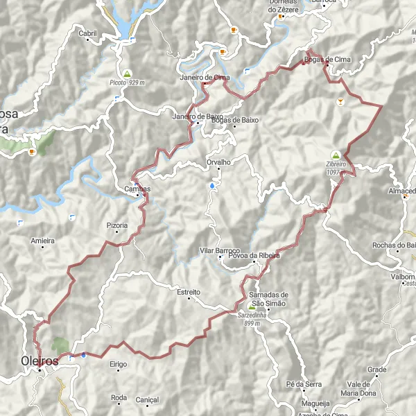 Miniatura do mapa de inspiração para ciclismo "Aventura Gravel por Oleiros" em Centro (PT), Portugal. Gerado pelo planejador de rotas de ciclismo Tarmacs.app