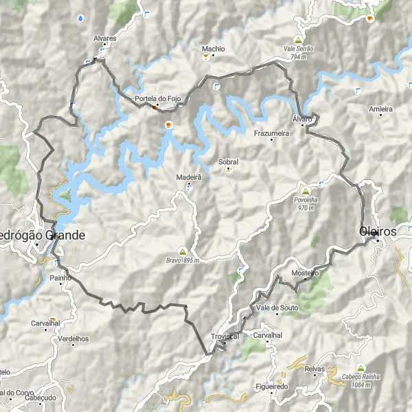 Miniatura do mapa de inspiração para ciclismo "Desafio Montanhoso de Oleiros" em Centro (PT), Portugal. Gerado pelo planejador de rotas de ciclismo Tarmacs.app