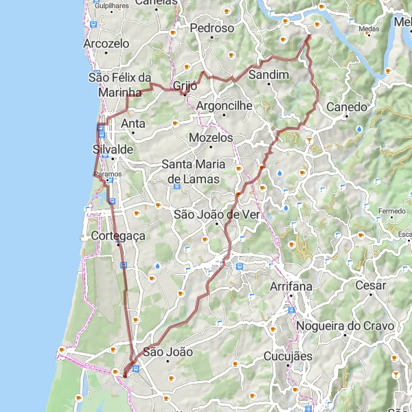 Miniatura do mapa de inspiração para ciclismo "Rota de Gravel de Cortegaça a São João" em Centro (PT), Portugal. Gerado pelo planejador de rotas de ciclismo Tarmacs.app