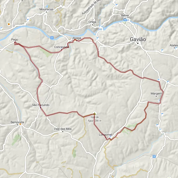 Miniatura do mapa de inspiração para ciclismo "Rota de Gravel Pego - Alvega - Longomel - Vale de Água - Colos" em Centro (PT), Portugal. Gerado pelo planejador de rotas de ciclismo Tarmacs.app